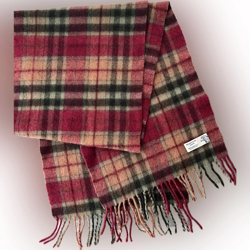 🐑Lambswool Plaid Unisex Scarf | Shepherds Land | Muted Magenta/Green/Tan/Black